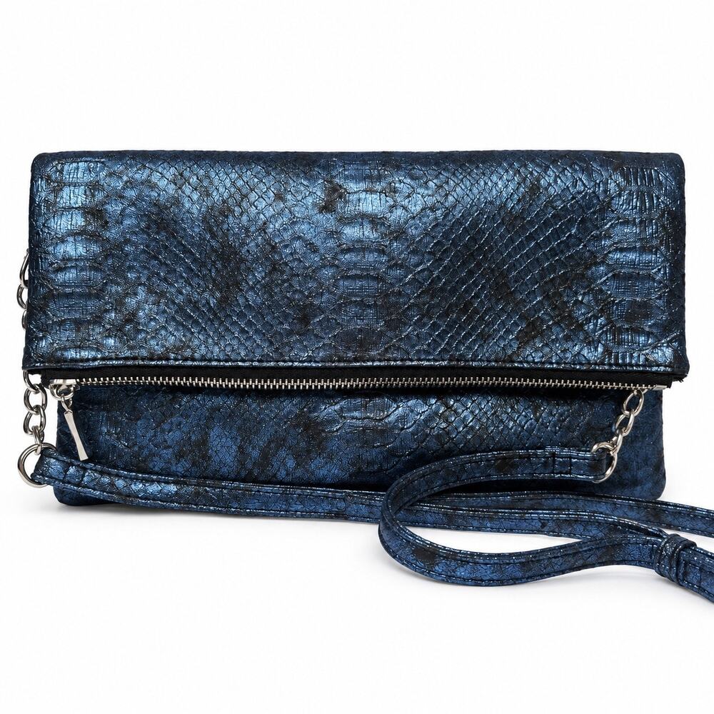 Sole Society Foldover Crossbody Clutch Metallic Blue Snake Print Womens Bag